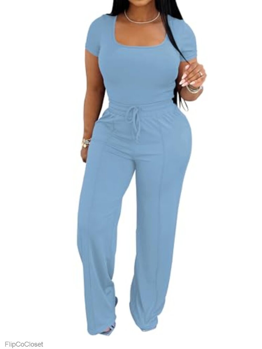 2 Piece Lounge Set Short Sleeve Top High Waisted Wide Leg Pants 95% Polyester